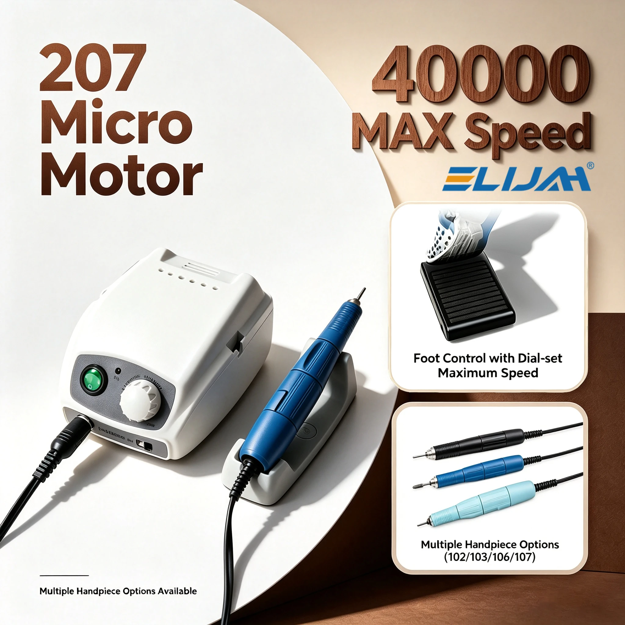 ELIJAH FASTRONG 207 High Torque Dental Micromotor 40,000 RPM 65W Complete Polishing Handpiece Kit with Motor for Dental Lab Use