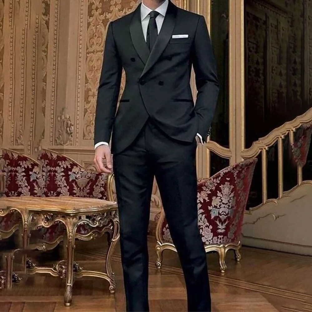 

Elegant Black Men Suits Double Breasted Business Blazer Fashion Flim Fit 2 Piece Jacket Pants Costume Homme Pour Mariage