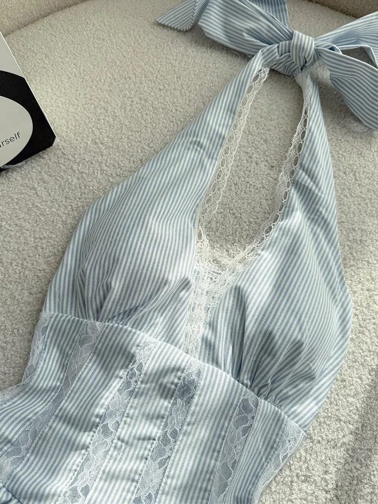 Original Retro Blue Striped ter Dr Ele Long Summer New Arrival Cotton A-Line Skirt Sle Women's Dr by BanZhiTao