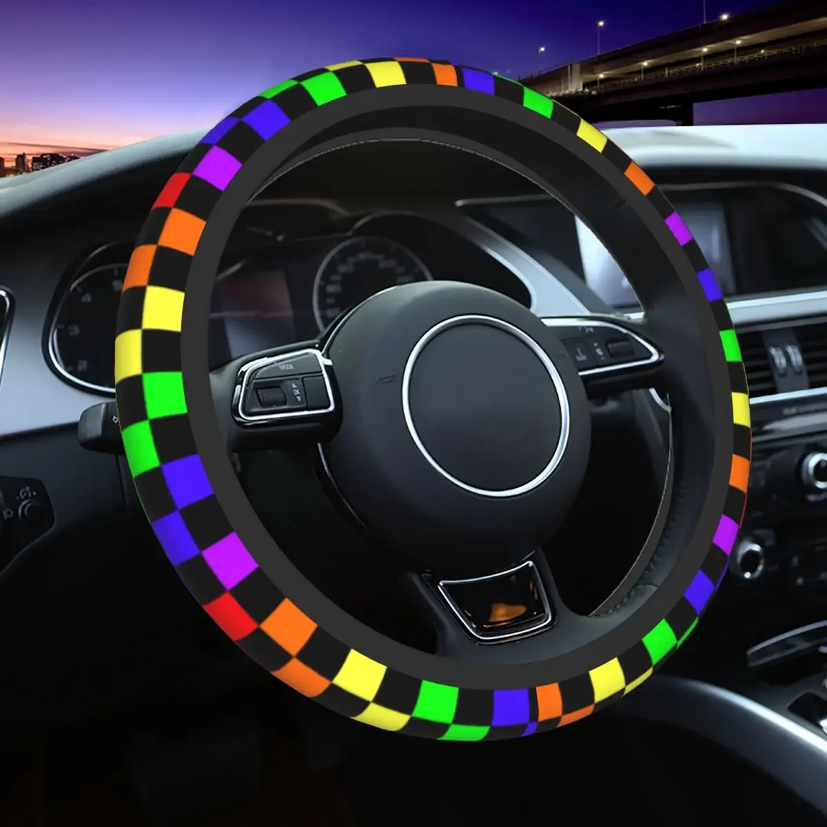 Black Rainbow Checkerboard Steering Wheel Cover for Girls Tartan Steering Wheel Protector Universal 37-38cm Car Accessories