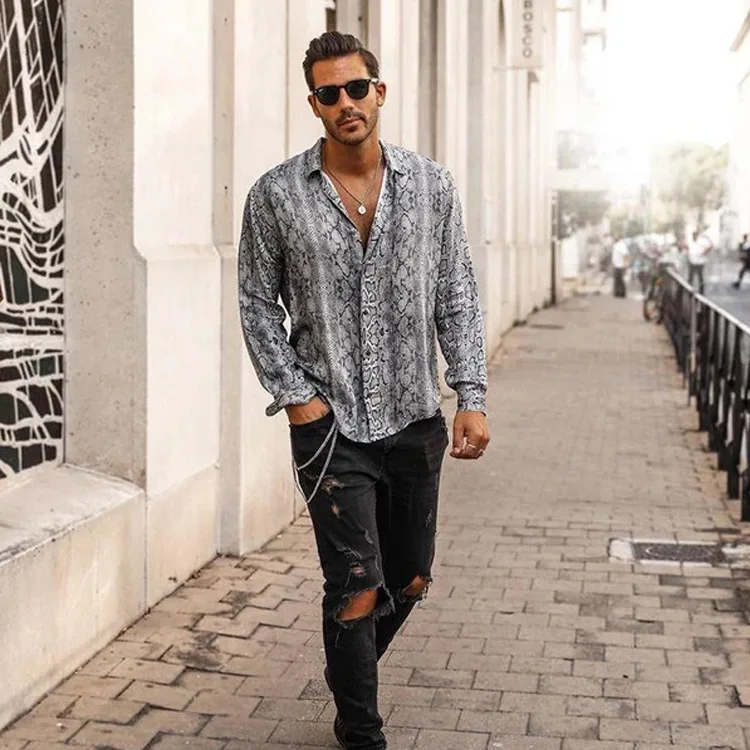 Men's Casual Striped Printed Long Sleeve Shirt Loose Fit PU Leather Fleece Lined CleanFit Stand Collar Inner Wear All Seasons