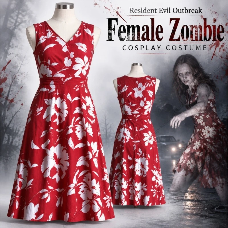 disfraz-de-zombi-femenino-de-reevil-outbreak-vestido-rojo-con-estampado-floral-ideal-para-halloween-juegos-de-terror-carnavales-y-eventos-de-comics