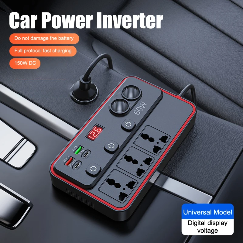 150W Car Inverter DC12V/24V To 220V Converter LED Display Sockets Independent Switch Power Inverter Adapter USB Type-C Charger