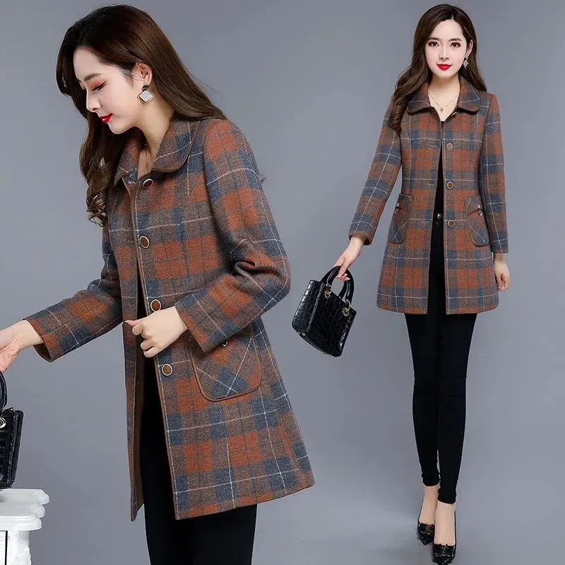 Fashion New Mid Long Women\'s Woolen Coats Spring Autumn Slim Thin Windbreaker Single Breasted Lapel Plaid Casual Jackets Female