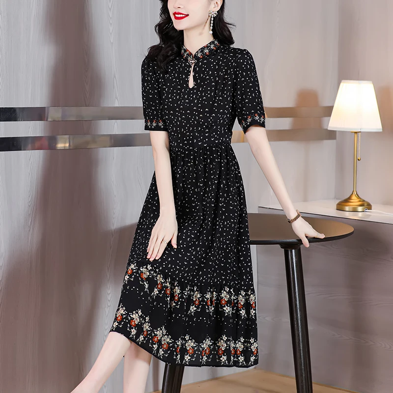 

Summer Floral Chiffon Short Sleeve Ruffled Collar Midi Dress Women Boho Fashion Light Elegant Dress 2024 New Korean Luxury Dress