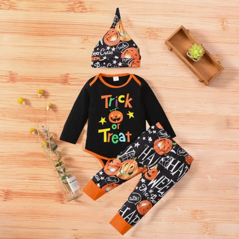 

0-18 Month Newborn Baby Clothes Romper+Pant+Hat Infant Cute Cartoon Pumpkin Cotton 3pcs Outfit Halloween Costume Casual Cozy Set