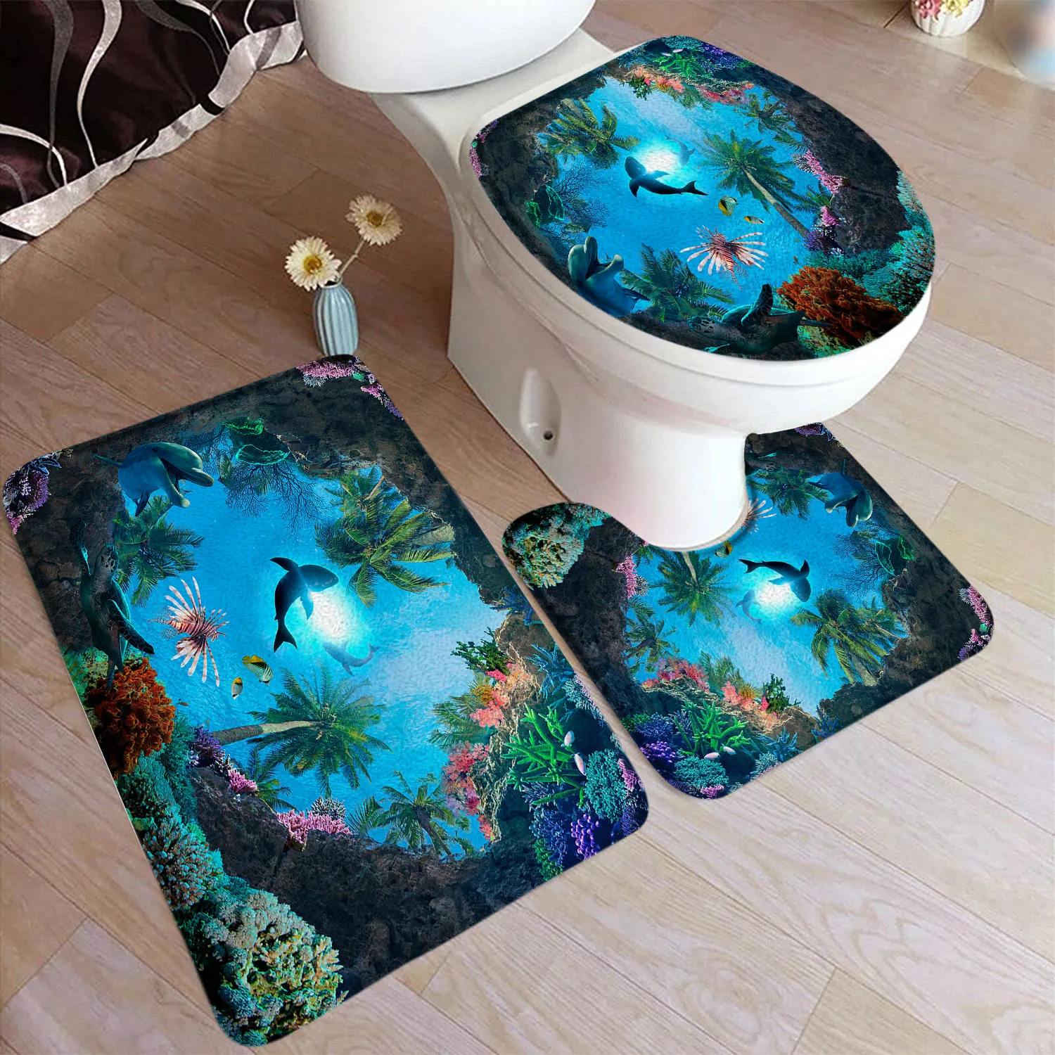 Funny Dolphin Sea Turtle Bath Mat Set Marine Animals Fish Coral Underwater Scenery Home Bathroom Decor Rugs U-Mats Toilet Cover