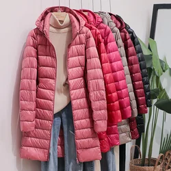 Neue 2023 Winter Frauen Unten Jacken Lange Weiße Ente Unten Ultra Licht Dünne Beiläufige Puffer Schlank Abnehmbare Kapuze Mantel Weibliche