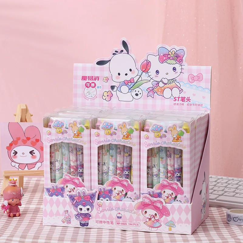 

Набор из 12 стираемых ручек Sanrio Cute с обычным наконечником для письма, недорогие милые канцелярские принадлежности, офисные аксессуары, Hello Kitty