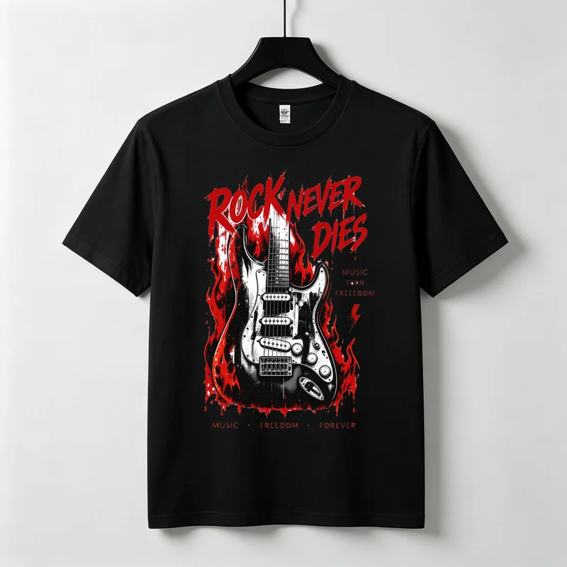 Rock Guitar Graphic Tshirt Unisex Rock Never Dies Flame Design Short Sleeve Vintage Punk Rock Music Casual Tees Tops Harajuku