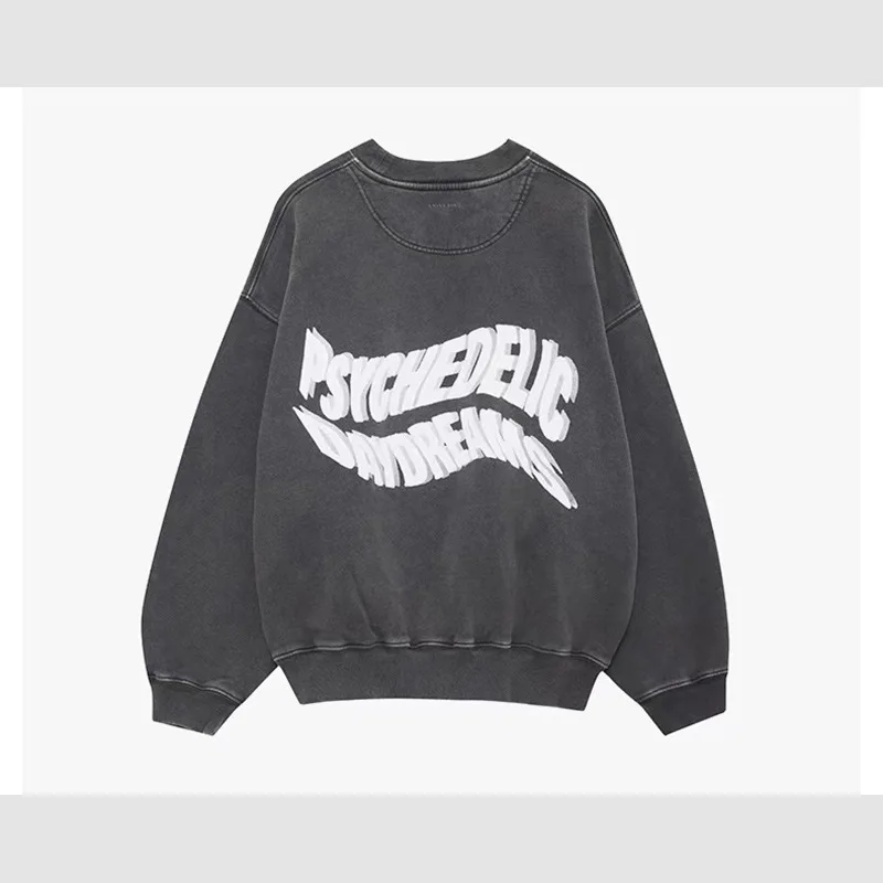 2025 جديد أمريكا الشمالية المتخصصة AB مشوه كلمة الطباعة غسل المياه المقلية اللون القديم الأسود والرمادي المرأة طاقم الرقبة سترة