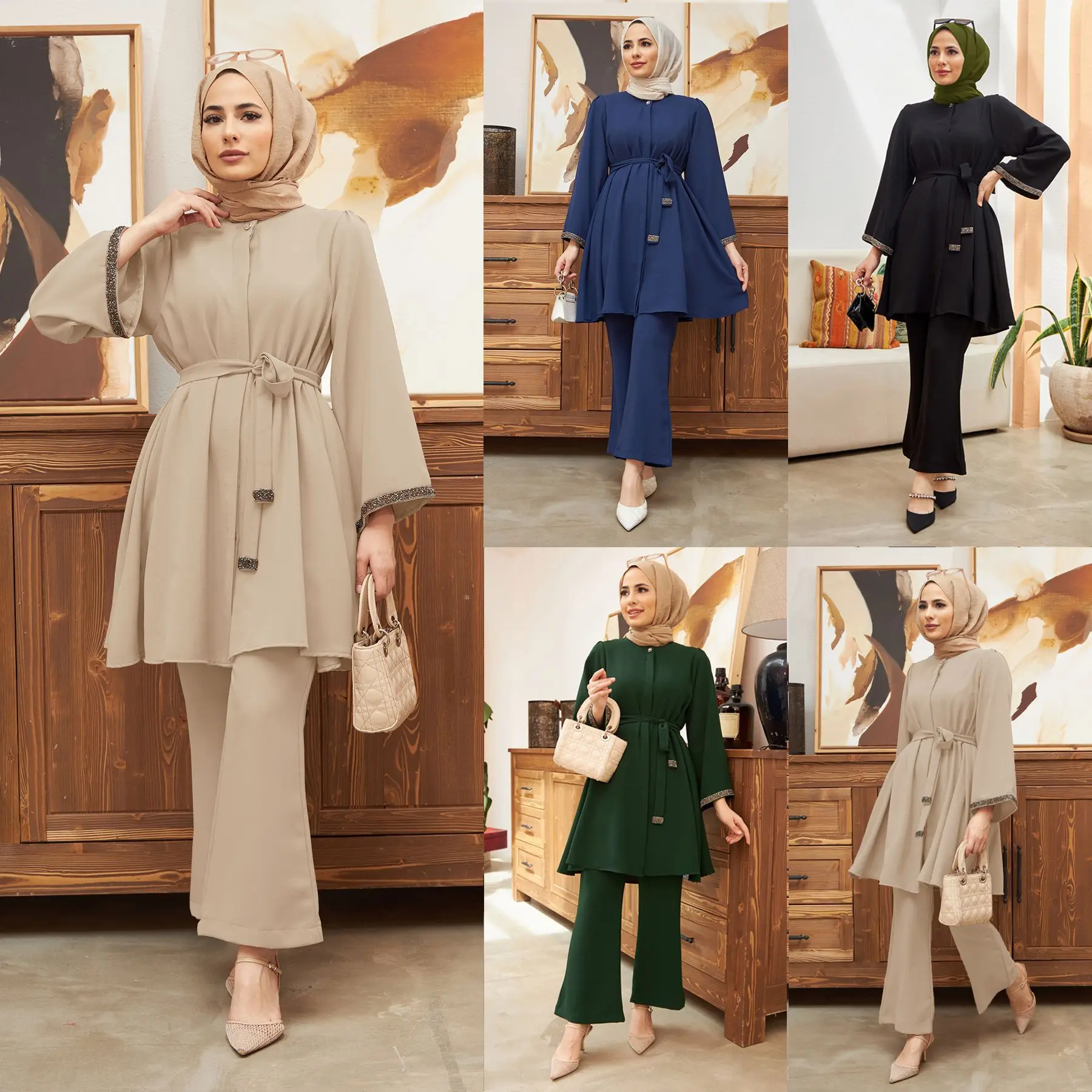 Nowe muzułmańskie damskie topy z paskiem Spodnie 2-częściowy zestaw Diamenty Dubaj Abaya Turcja Kaftan Ramadan Stroje Garnitur Femme Musulmane Ensemble