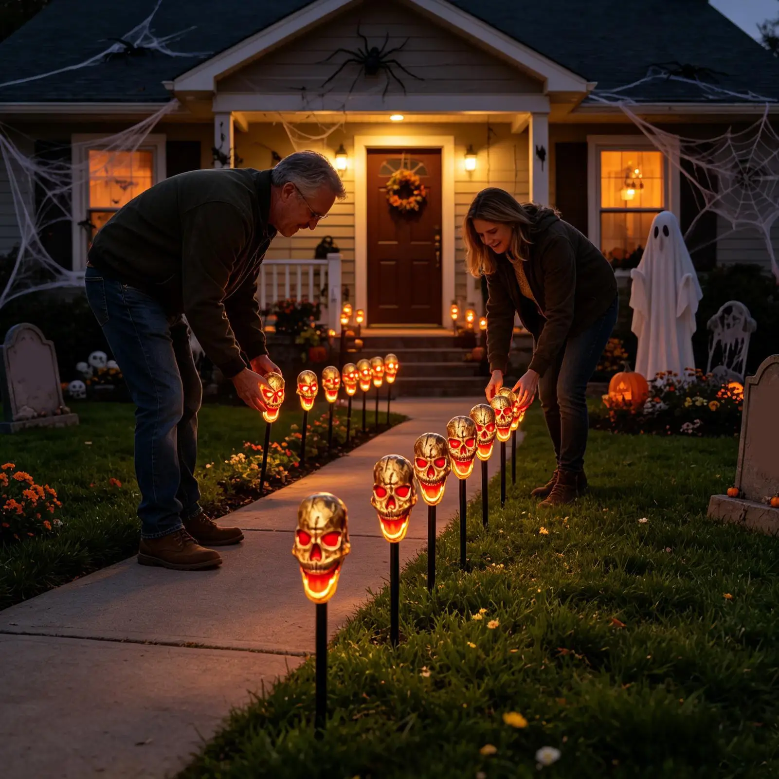 Halloween Pumpkin Stake Lights Glowing Skull And Pumpkin Waterproof Automatic Solar Stake Lights Garden Decor For Driveway Patio