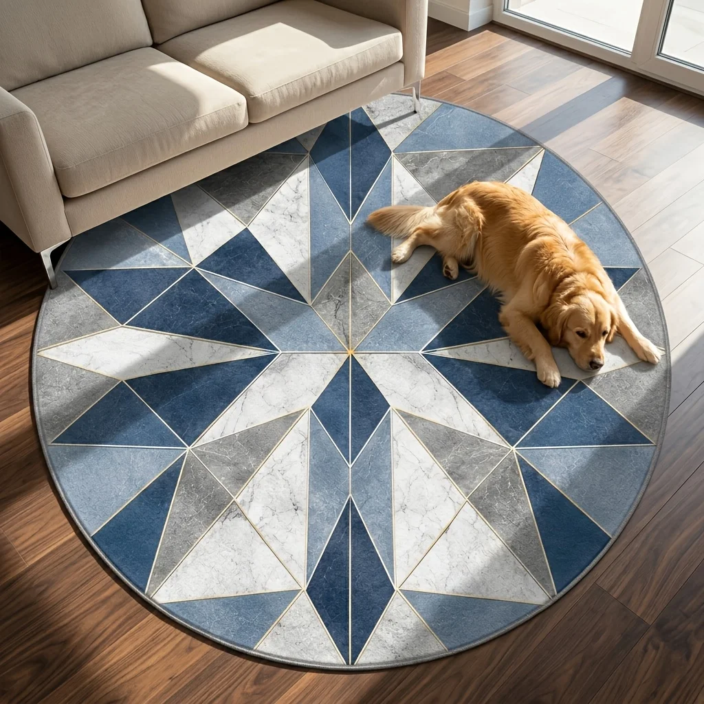 Luxury Marble Triangle Round Mat Symmetrical Blue Grey Geometric Mosaic Circular Decor Rug  Entryway Indoor Living Space Decor