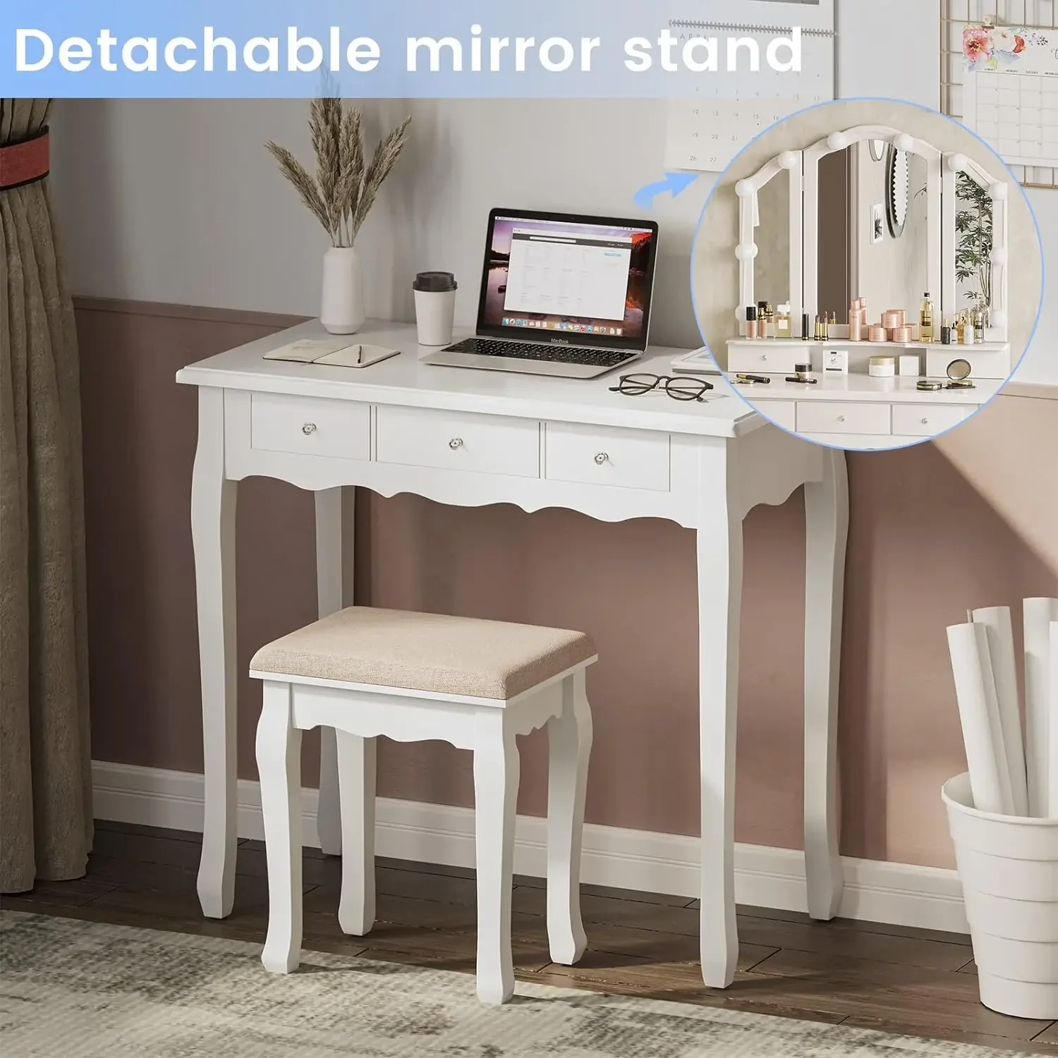 Trucco Vanity con luci, Vanity Desk con specchio illuminato e sgabello, Set da tavolo con 5 cassetti, 3 impostazioni di luce