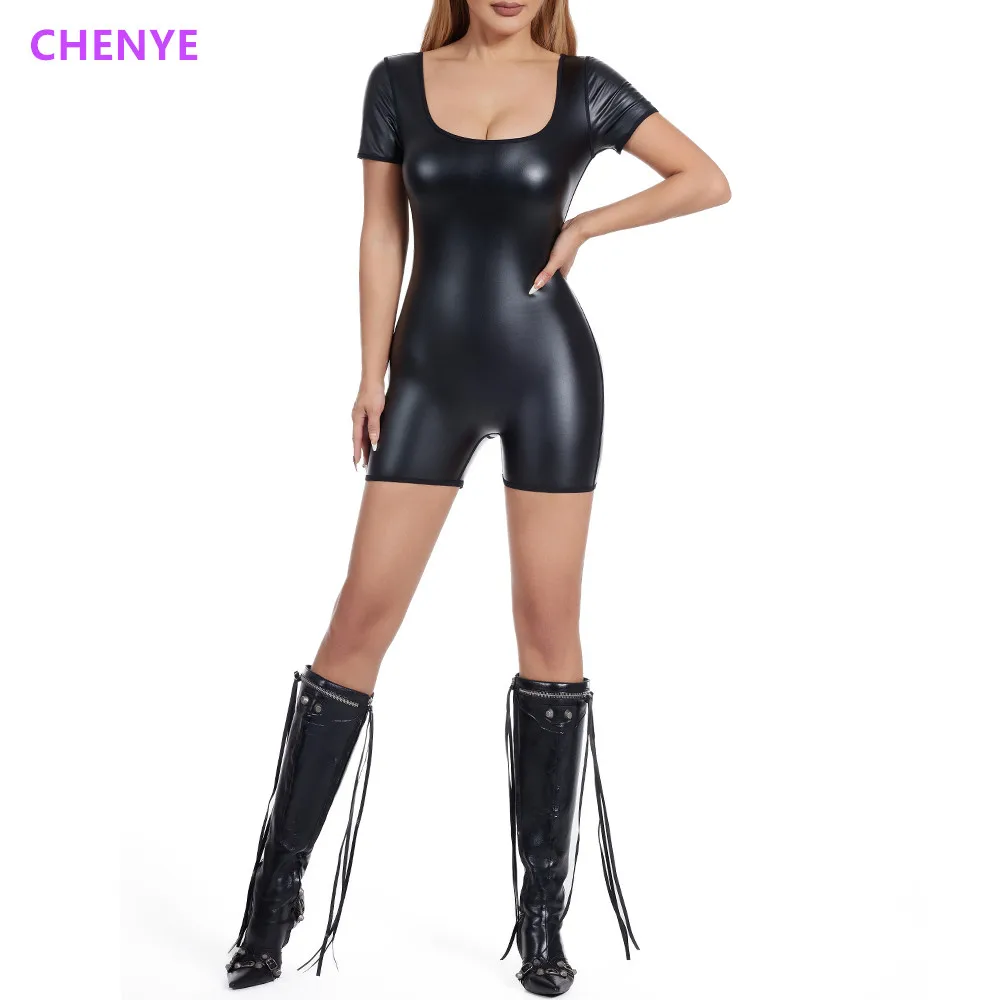 

Women's Leather Shorts Bodysuits One Piece Outfits Sexy Shapers Short-sleeved Shirt Jumpsuits Rompers Playsuits Party Club Night
