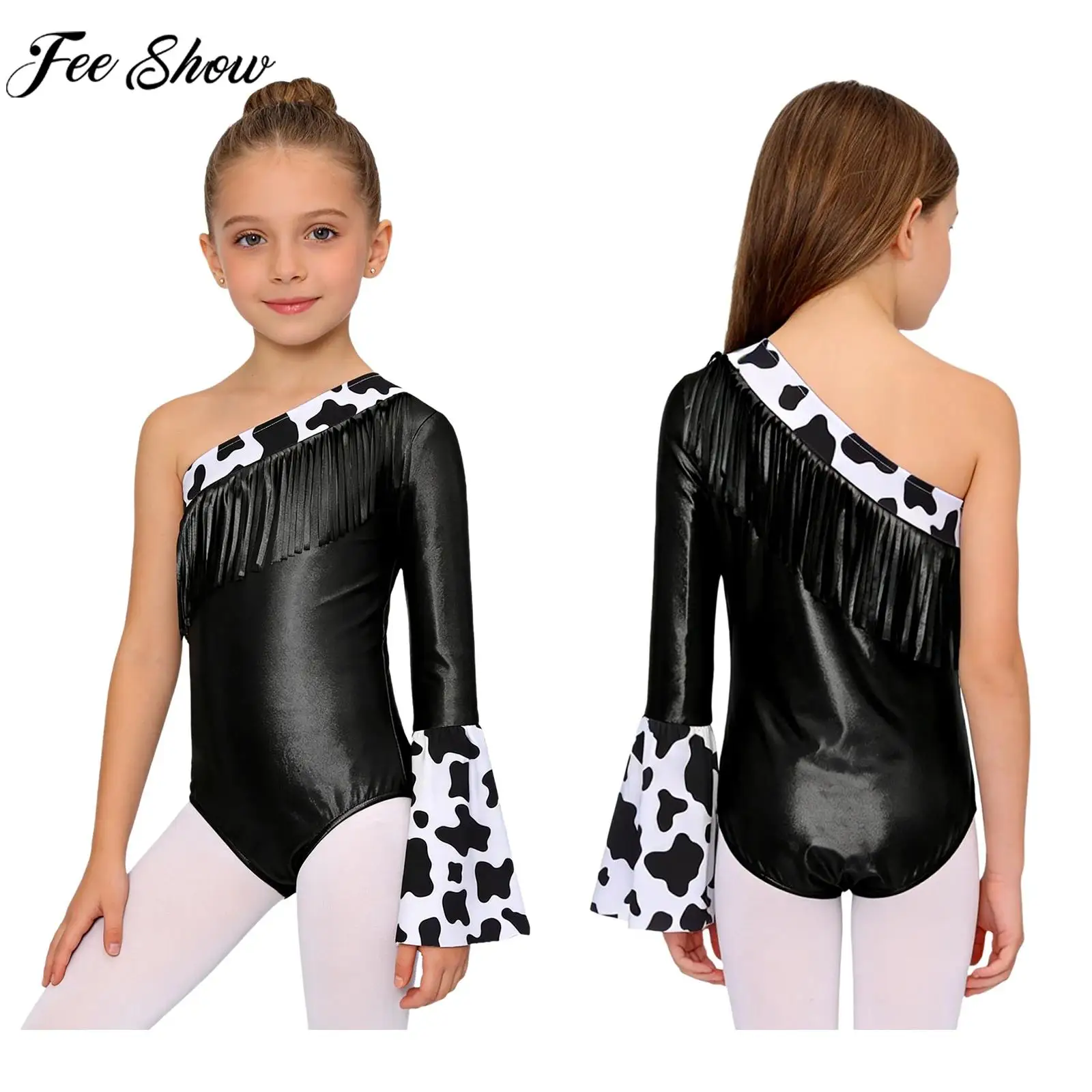 Kids Girls Western Cowgirl Cosplay Bodysuit Halloween Carnival Costume One Shoulder Fringe Metallic Gymnastics Dance Leotard