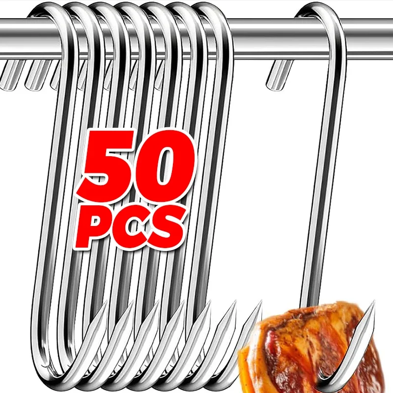 10/50PCS Stainless Steel S Hooks with Sharp Tip Utensil Meat Clothes Hanger Hanging Hooks for Butcher Shop Kitchen Baking Tools