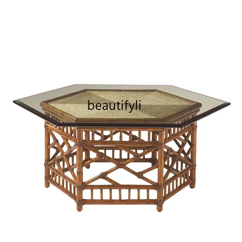 

Vintage American Style Bamboo Rattan Woven Solid Wood Tempered Glass Coffee Table Living Room Home Artistic Round Coffee Table