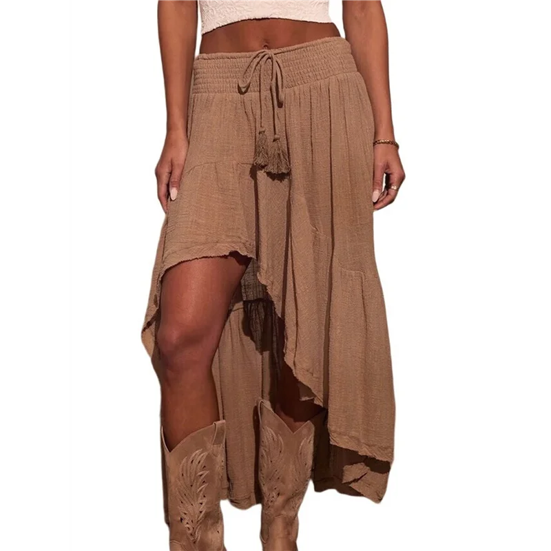 【D75C】ชุดเดรสแม็กซี่โบฮีเมียนตะวันตกของผู้หญิงฤดูร้อนลำลองไม่สมมาตรชายกระโปรงสูง-ต่ำกระโปรงยีนส์กระโปรงครึ่งตัว