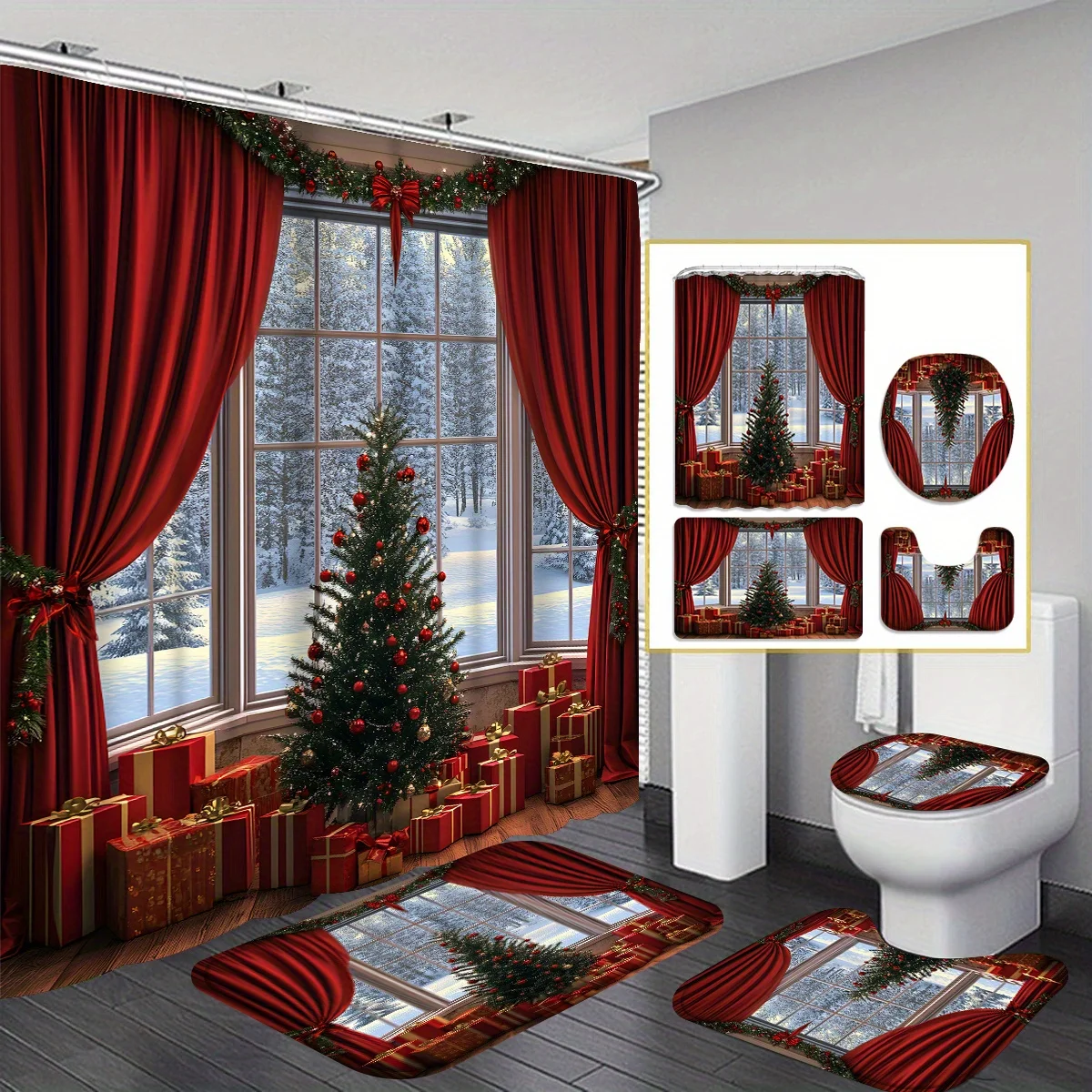 4Pcs Xmas Tree Bath Set,Multicolor Design,Modern Decor,12 Hooks Curtain Set,Non-Slip Mat,U-Shaped Toilet Cover, Bath Accessories