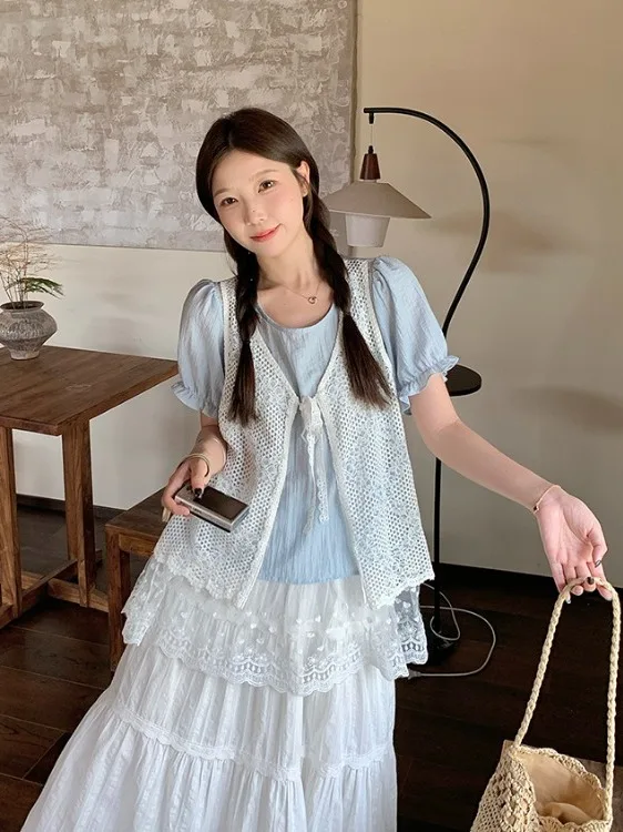 

Sweet Style Lace Hollow Knitted Vest plus Size Women's Summer New Elegant Layered Wear Fake Two-Piece Top Casual Commute Style