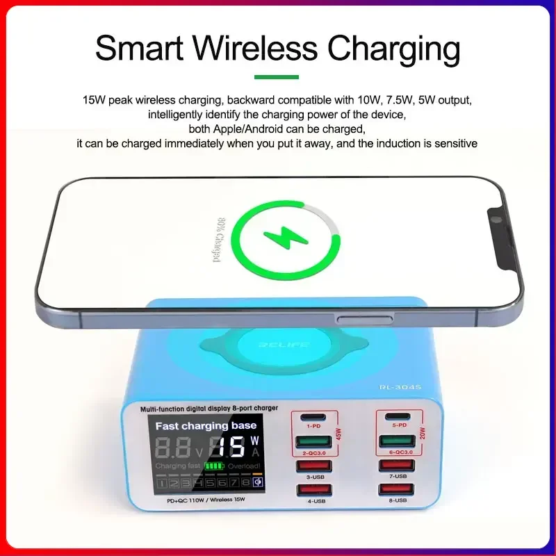 RELIFE RL-304S AC100-240V USB Fast Charger Support QC3.0+PD 15W Wireless Charger for iPhone iPad Samsung Notebook Fast Charging