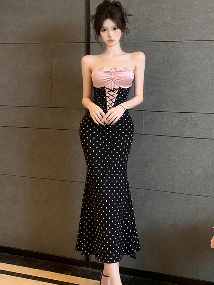 

2026 Black Polka Dot Patchwork Pink Bow Chest Wrapping Dress Women Korean Vinage Luxury Evening Summer Elegant Bodycon Vestidos