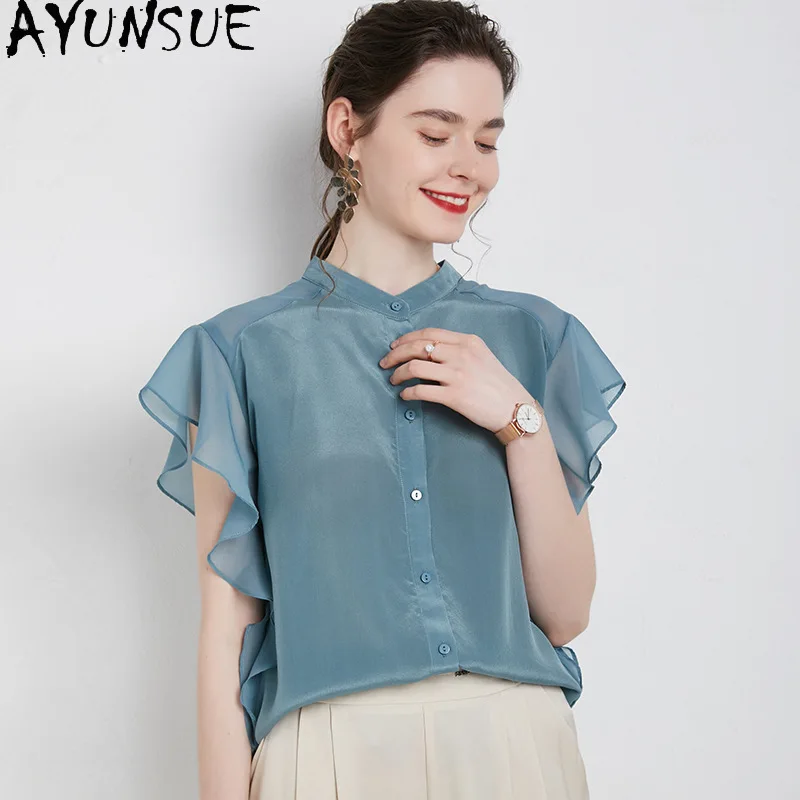 

AYUNSUE Natural Silk Women's Blouses and Shirts Stylish Ruffle Sleeve Tops for Woman Solid Color Summer Clothes for Woman 블라우스