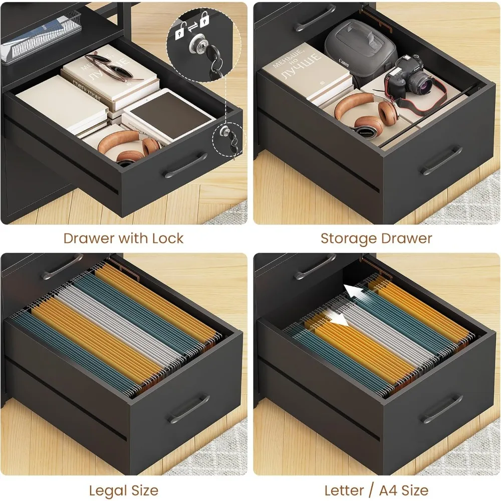 63 Computer Desk, Office Desk with Lockable Drawers for Legal/Letter File, Gaming Desk with LED Lights & Power Outlet, Ho