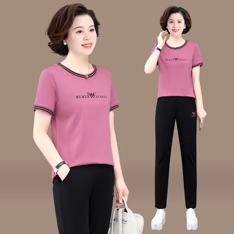 

Casual Sportswear Set for Mom Summer Lightweight ort Sve T-irt And Pants Two-Piece Suite for Middle-Aged And ly W...
