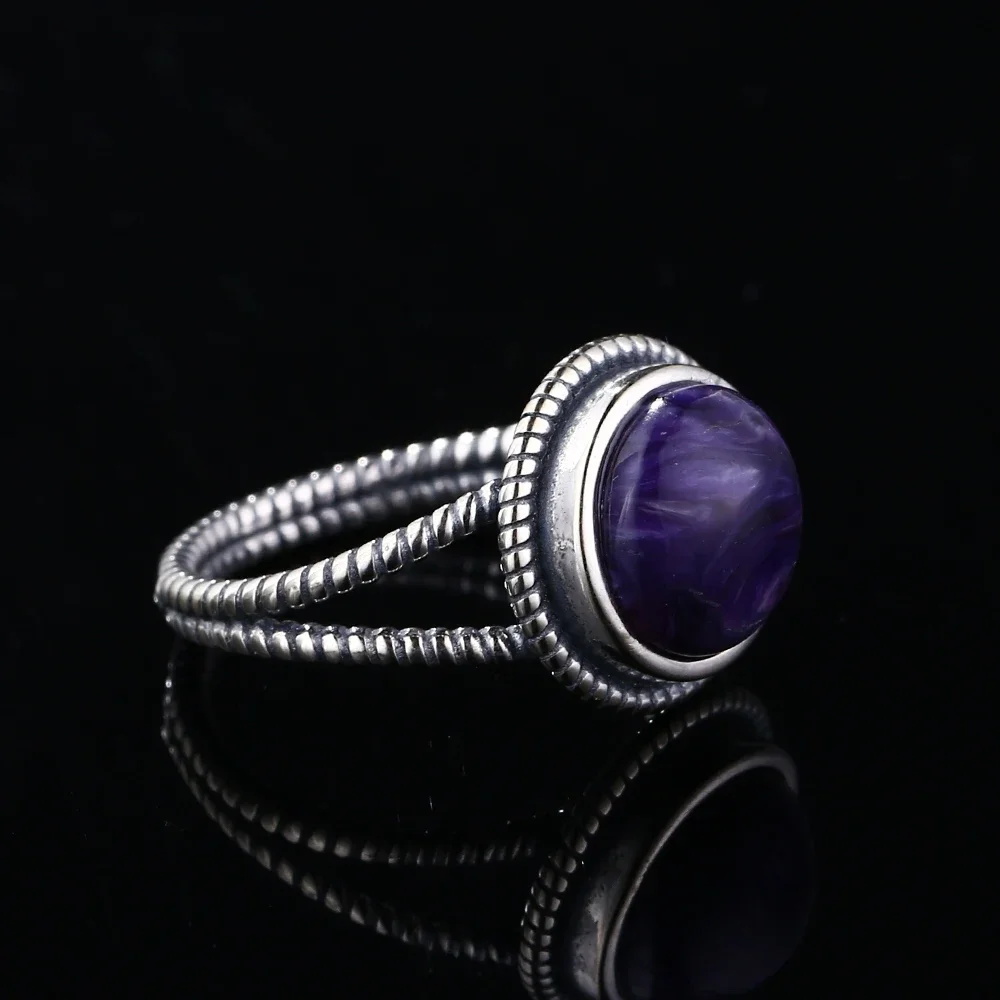 Natural Charoite S925 Silver Ring Vintage Style Purple Stone 10MM Round Engagement Retro Wedding Ring Gift Jewelry