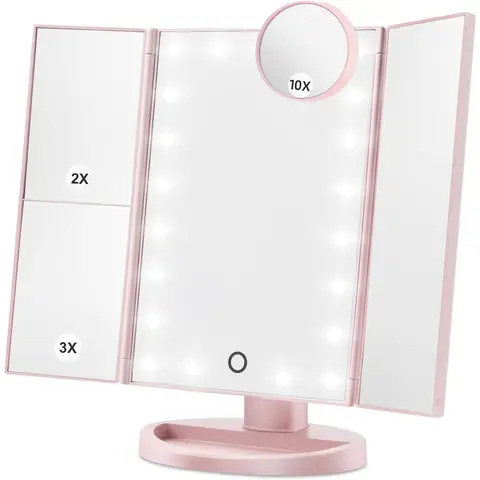 LED 조명 포함 메이크업 화장 거울, 3 단계 확대, 터치 컨트롤, 휴대용 접이식 디자인, 배터리 및 USB 전원, 로즈