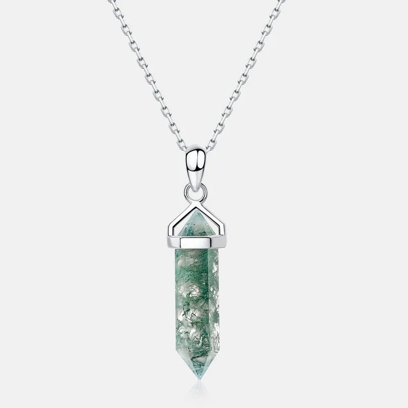 925 Sterling Silver Bullet Shaped Pendant Necklace for Woman Natural Stone Moss Agate Hexagonal Prism Party Gifts