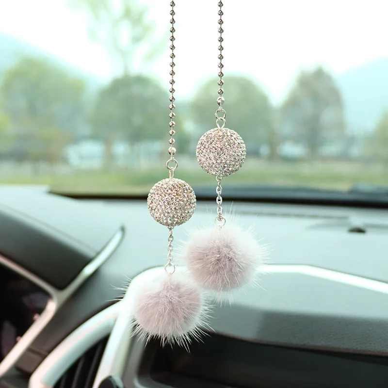 Crystal Diamond Ball Car Rearview Mirror Ornament Mink Ball Car Interior Decoration Interior Accessories Decor Hanging Pendant