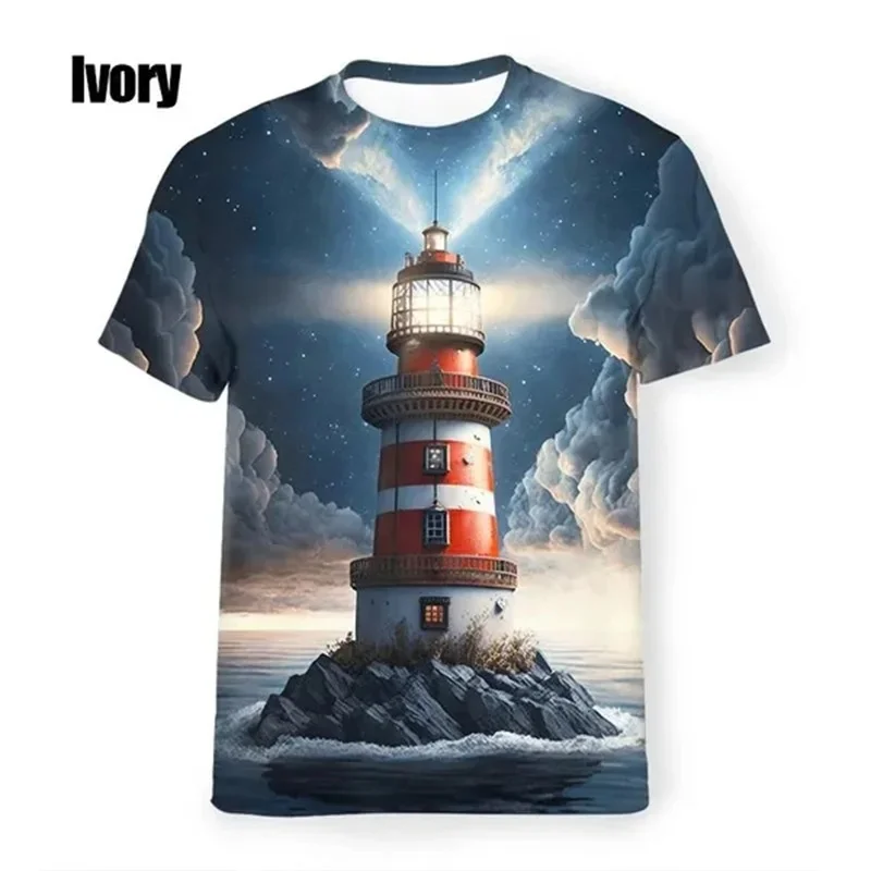 Lighthouse Pattern T-Shirt For Men Personality 3D Printed Tees Casual Streetwear Round Neck Top T Shirts Oversized Short Sleeves