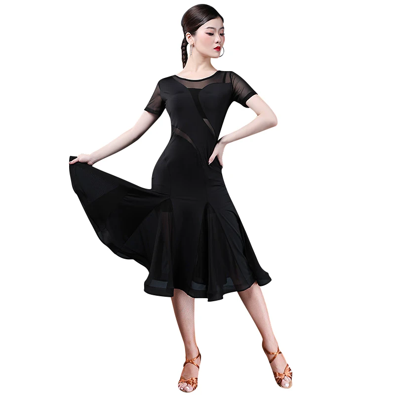 Sexy Female Dance Suit Round Neck Line Dance Skirt Costumes Short Sleeves Perspective Dress Black Women\'s Dresses Wear Costume