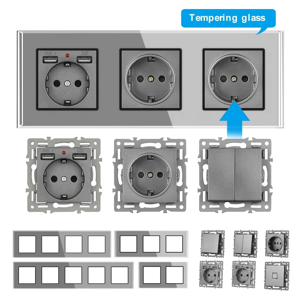 Pannello in vetro temperato grigio SRAN, presa a muro francese ue e interruttore della luce, presa con usb, modulo Rj45/TV/SAT fai da te