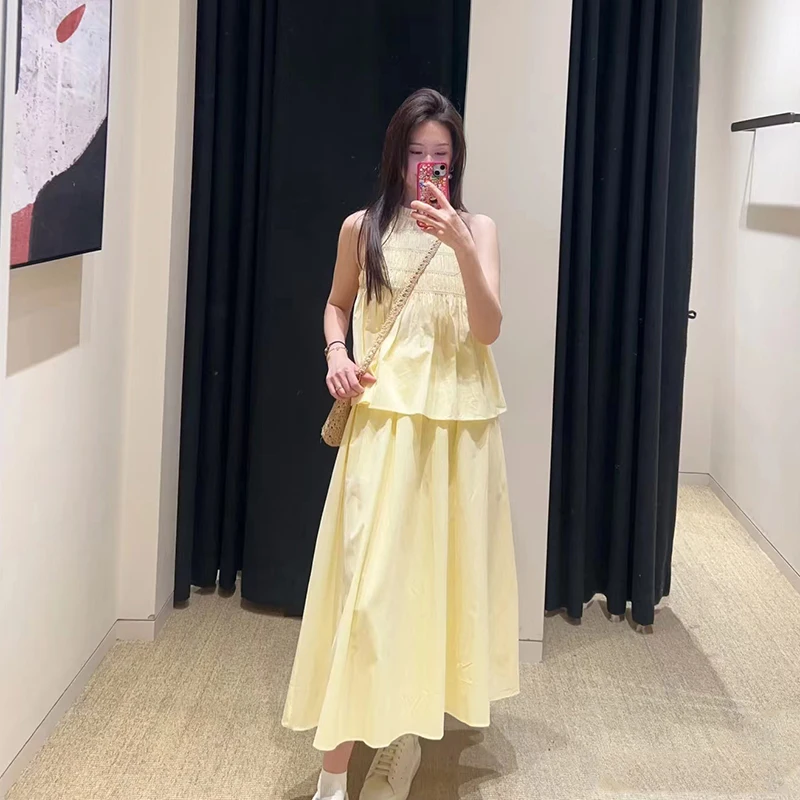 

Spring Summer Women's Loose Fit Sleeveless Shirt And Midi Skirt Set Yellow Casual Fashion Outfit High Waist Pure Color