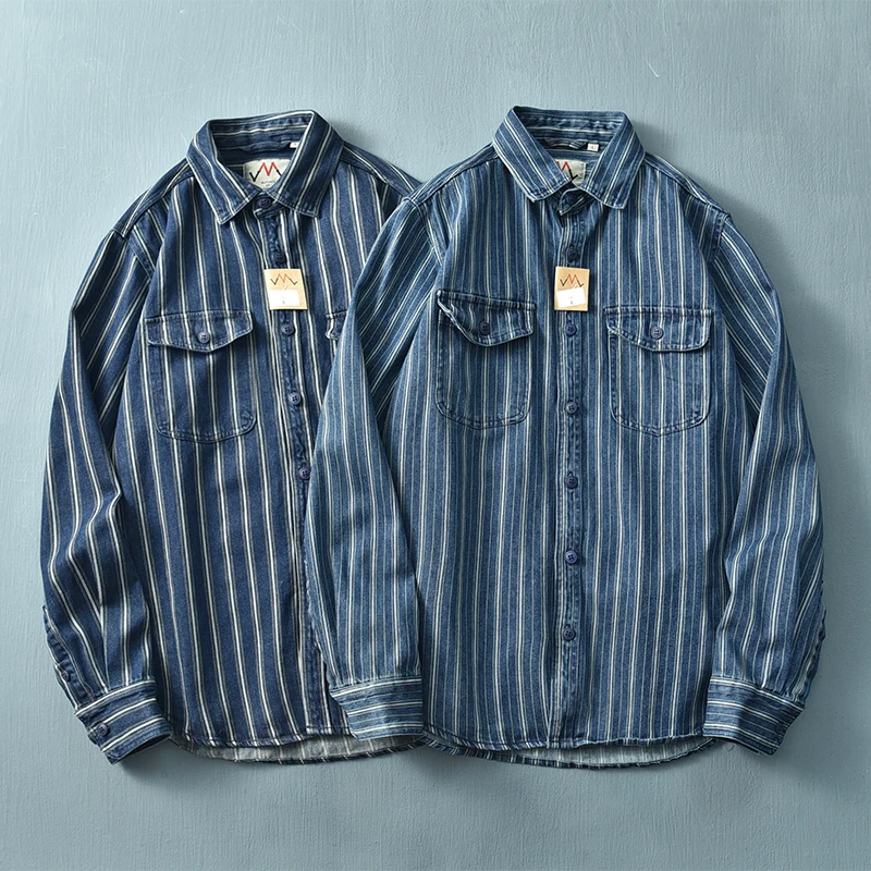 

Heavyweight Denim Men Shirts Retro Autumn Vertical Striped Washed Cotton Jeans Jackets Vintage Long Sleeve Cargo Workwear Tops