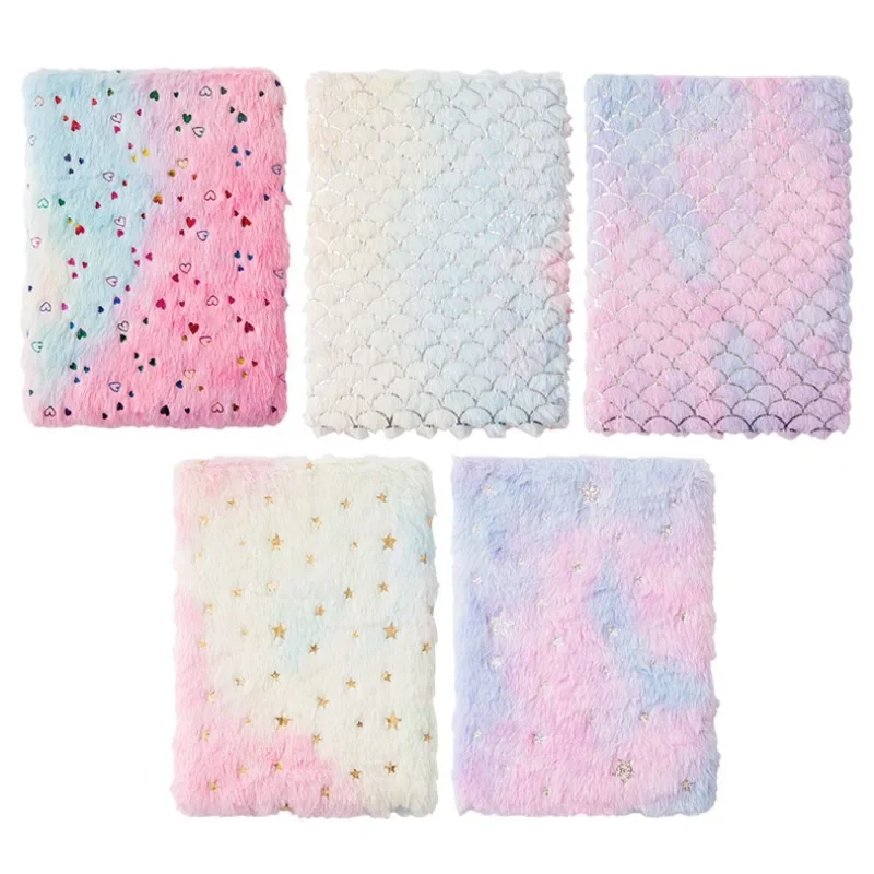 A5 Notebook Cute Plush Fluffy Covered Diary Notepad Gradient Colored Softcover for Girls Embroidery Private Writing Drawing Note