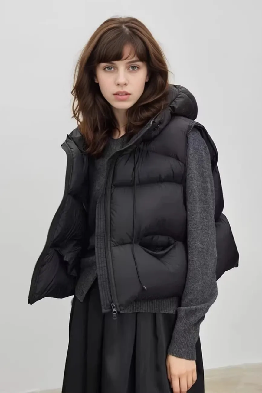 

Women's Sleeveless Vest Jacket Street Autumn Winter Solid Color Small Tank Top Warm Female Zipper Hooded Coat