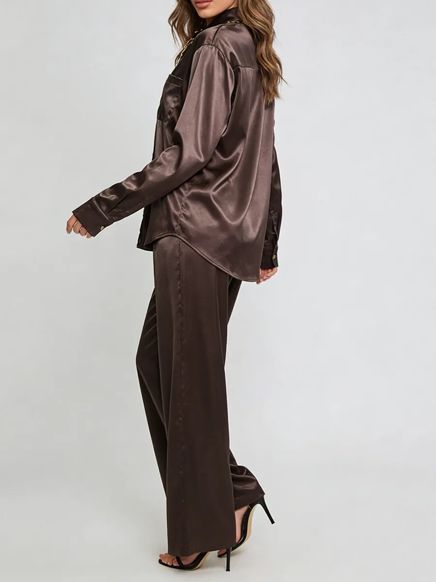 TWOTWINSTYLE, conjuntos básicos sólidos de dos piezas para mujer, solapa, manga larga, camisa con cadena de Metal empalmado, pantalón de cintura alta, conjunto informal para mujer