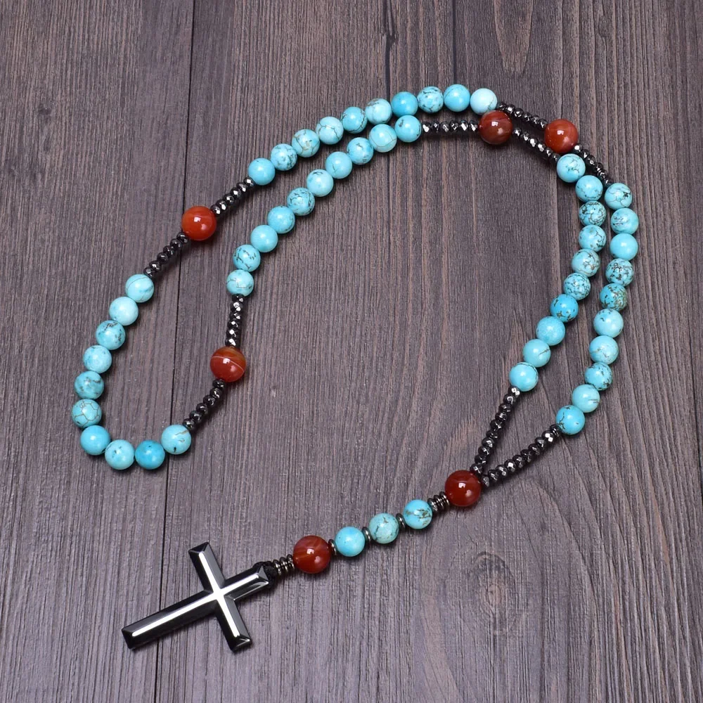 Natural Carnelian Turquoise Catholic Rosaries 5-decade Rosary Necklace for Man Women Hematite Cross Pendant Christian Jewelry