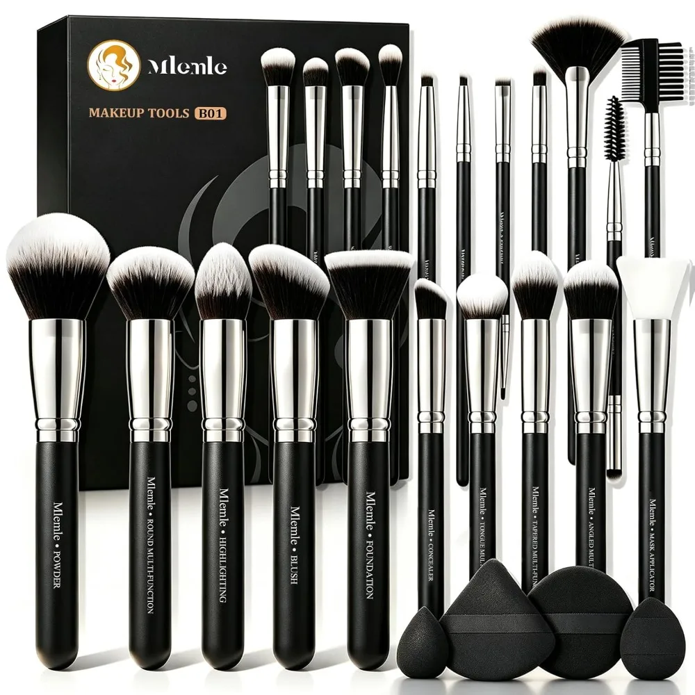 Professional Makeup Brushes Set of 25 Pieces Kit with Foundation Powder Blush Concealer Eyeshadow Brushes 21 Pcs 2 Powder Puffs 2 Makeup Sponges Beauty Cosmetics Tools Black