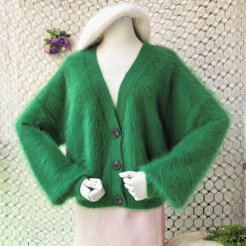 

Ladies Women Autumn Winter Fashion Bling Sequins Mink Cashmere Knitted V-Neck Long Lantern Sleeves Loose Cardigan Jacket Sweater