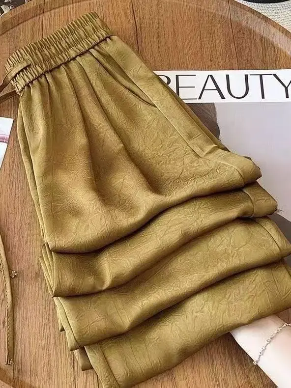 Summer New High Waist Silk Wide Leg Pants Women's Black Drape Slim Straight Casual Pants Korean Style Commute Wind Pocket Design