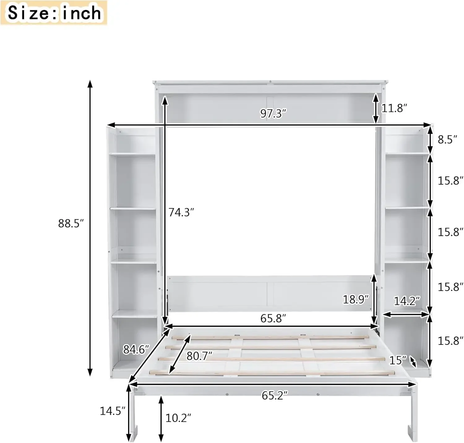 Queen Size Murphy Bed, Queen Wall Bed Frame with Shelves and LED Lights, White