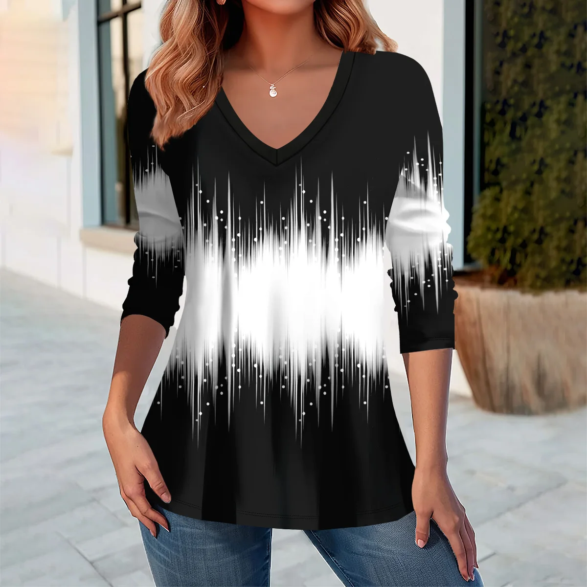 

Модная футболка на Хэллоуин с геометрическим узором и 3D принтом, v-образным вырезом и длинными рукавами, повседневный топ, дышащие женские топы из полиэстера