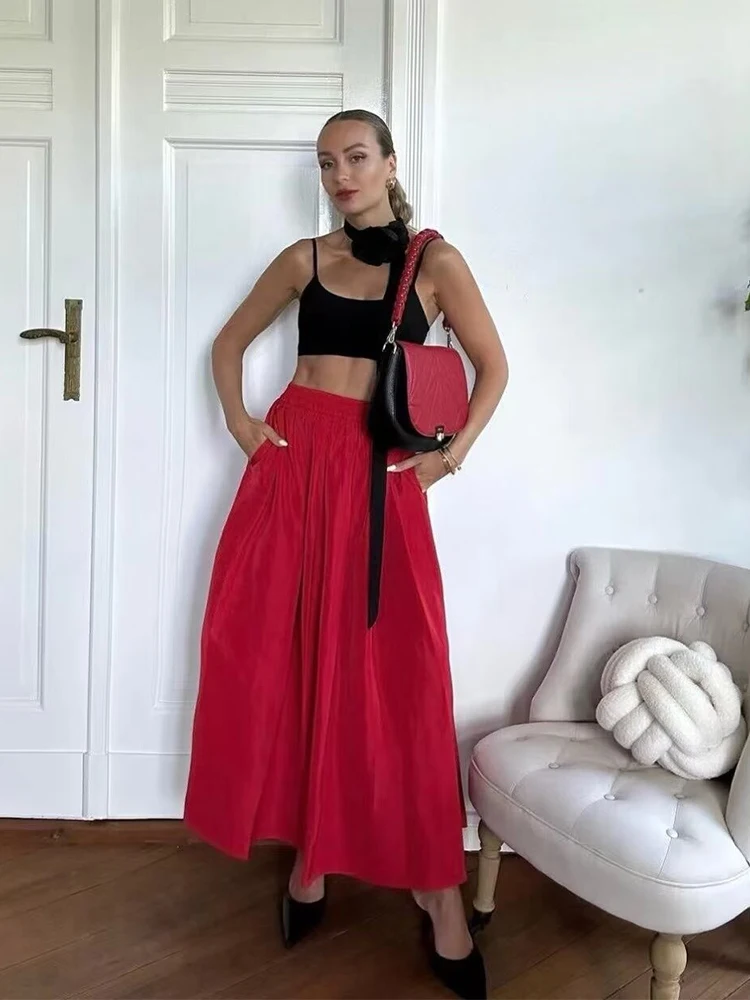 Women\'s Fashion Pleated Long Skirts Solid Black Wide Swing Vintage Chic Female High Waist Elegant A-line Long Skirt Casual